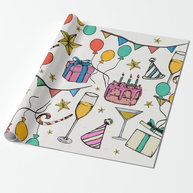 Papel De Regalo celebración de cumpleaños fiesta torta de globos c (Desenrollado)