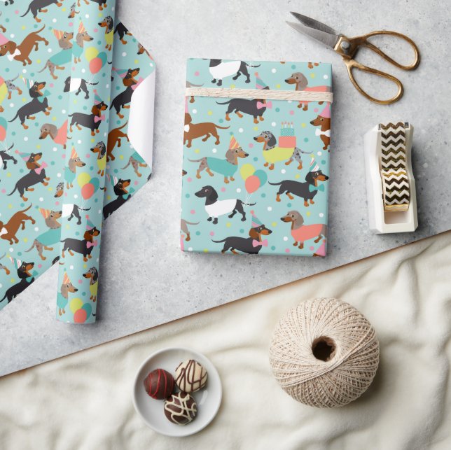 Papel De Regalo Celebración de la fiesta de cumpleaños de Dachshun (Artesanía)