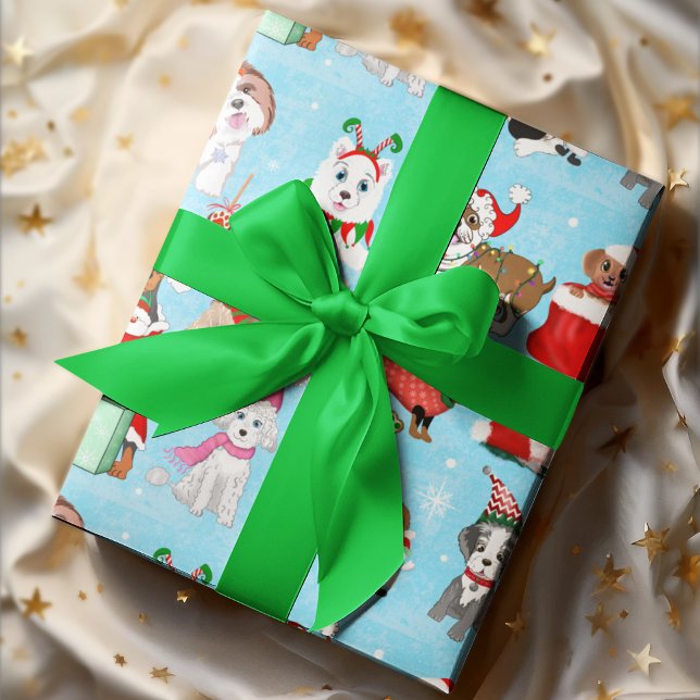Papel De Regalo Celebración de Perros de Navidad  (Paw-some Christmas spirit with 11 adorable dogs, wagging tails and joy!)