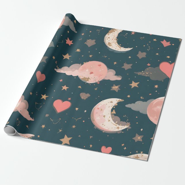 Papel De Regalo Celestial Romance Dreamy Moon & Stars Valentine Se (Desenrollado)