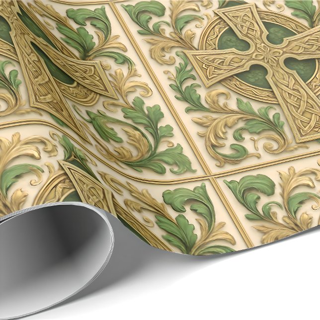 Papel De Regalo Celtic Cross Green Gold Carved Look Wrapping Paper (Subido por el creador)