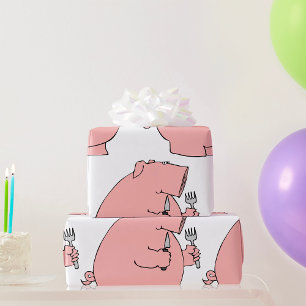 Papel De Regalo Cerdo Hambriento Divertido Sosteniendo Tenedor y C