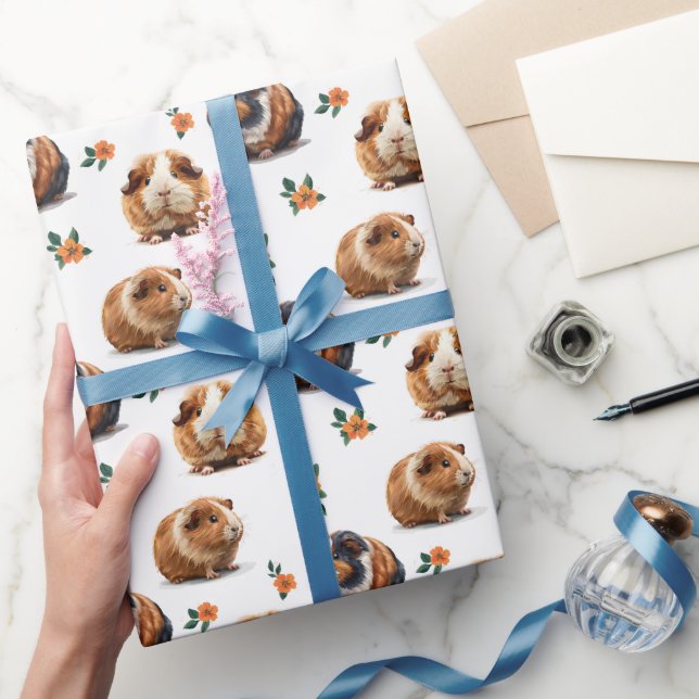 Papel De Regalo Cerdos De Guinea Y Flores Naranjas (Regalar)