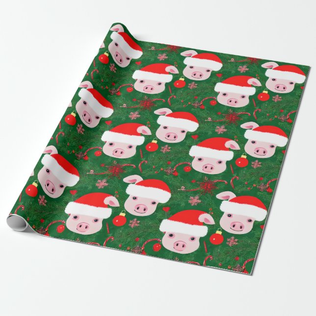 Papel De Regalo Cerdos para Navidades envueltos verdes de vacacion (Desenrollado)