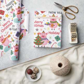 Papel De Regalo Cerdos Rosados Para Navidad