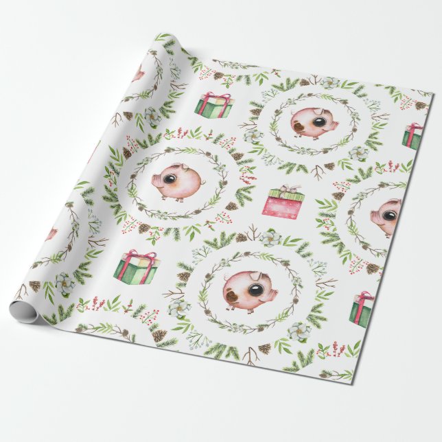 Papel De Regalo Cerdos rústicos del navidad de la acuarela (Desenrollado)