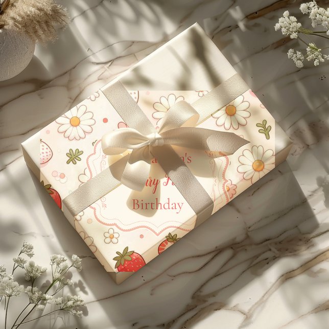 Papel De Regalo Cereza de fresa rosa primer cumpleaños (Subido por el creador)