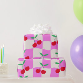 Papel De Regalo Cerezas a cuadros en tableros de ajedrez rosados