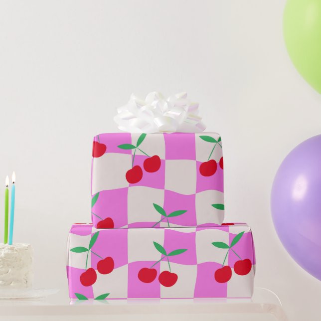 Papel De Regalo Cerezas a cuadros en tableros de ajedrez rosados (Regalos de fiesta)
