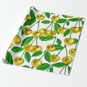 Papel De Regalo Cerezas amarillas en blanco
