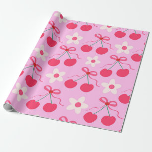 Papel De Regalo Cerezas Coquetas con Lazos Rojos y Flores Blancas 