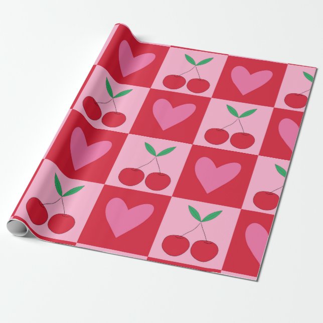 Papel De Regalo Cerezas de cuadros con patrón de corazón rosado (Desenrollado)