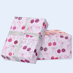 Papel De Regalo Cerezas Lazos y Moños Patrón Acuarela