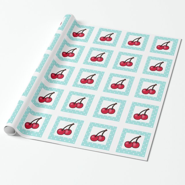 Papel De Regalo Cerezas Retro Aqua Dots (Desenrollado)