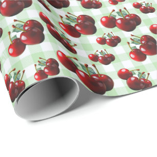 Papel De Regalo Cerezas retro frescas recogidas gingham verde