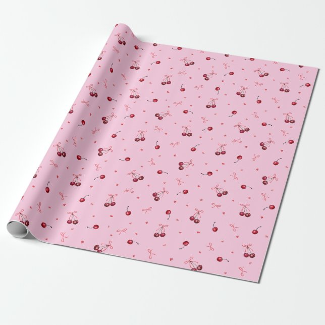 Papel De Regalo Cerezas Rojas Corazones Lazos en Rosa (Desenrollado)