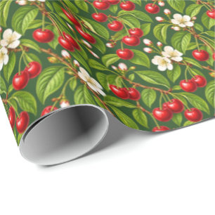 Papel De Regalo Cerezas Rojo Rubí sobre Verde Bosque