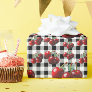 Papel De Regalo Cerezas Vintage gingham negro blanco