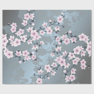 Papel De Regalo Cerezo Floral Rosa Polvo Azul Polvo
