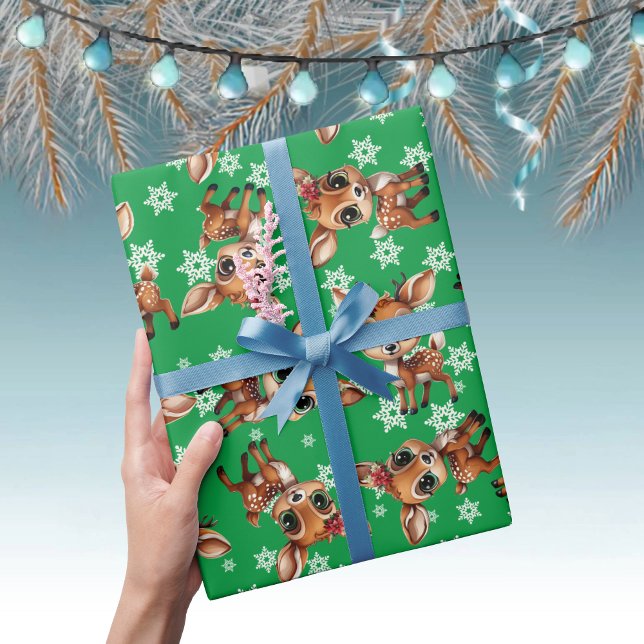 Papel De Regalo Cerveza, Amanecer, Perro, 🦌 de reno 🎄 copo de ni (Cute Baby Floral Deer, Fawn, Doe Lover Reindeer Antlers Snowflake Pattern Green Wrapping Paper 🦌 🎄)