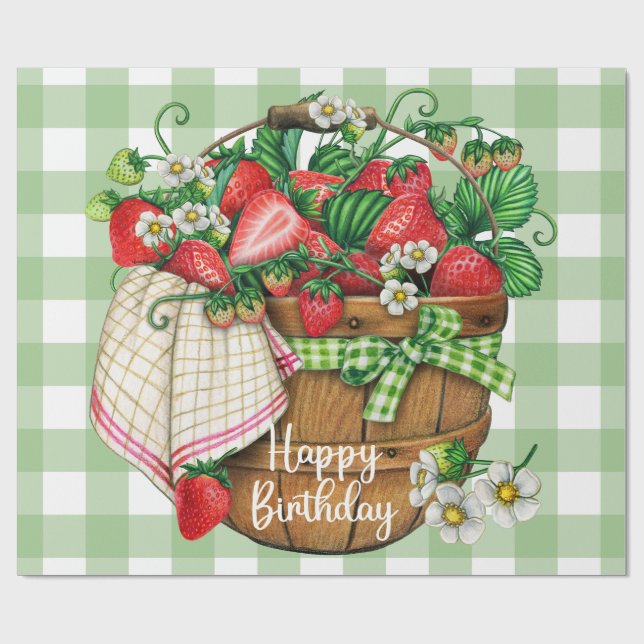 Papel De Regalo Cesta de fruta de fresa rústica feliz cumpleaños (Superficie plana)