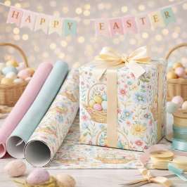 Papel De Regalo Cesta de Pascua y patrón floral de primavera