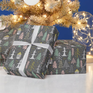 Papel De Regalo Chalkboard Árboles de Navidad y casas de color ama