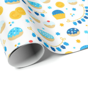Papel De Regalo Chanukah Dreidels Doughnut Azul Oro Blanco