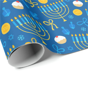 Papel De Regalo Chanukah Menorah Gelt Dreidel Blue