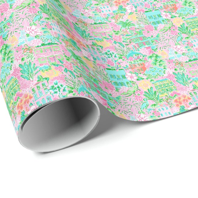 Papel De Regalo Charleston Pastel Elegante Patrón de Palm Beach (Esquina del rollo)