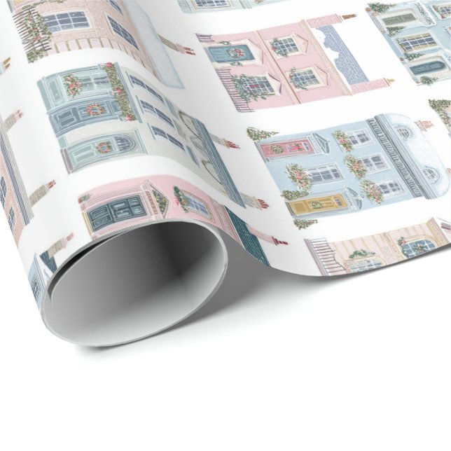 Papel De Regalo Charming Watercolor Christmas Houses Giftwrap (Esquina del rollo)