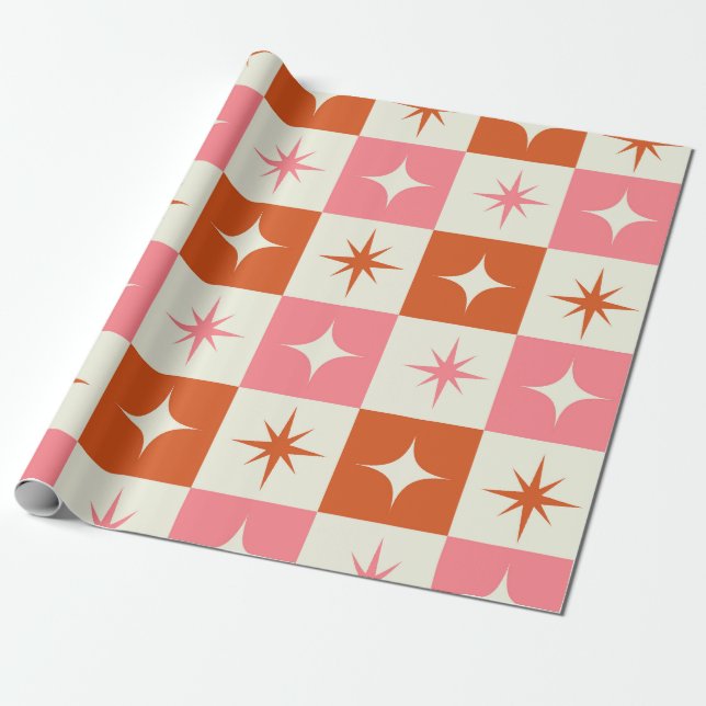 Papel De Regalo Checkered Mid Century Atomic Stars Pink Orange  (Desenrollado)