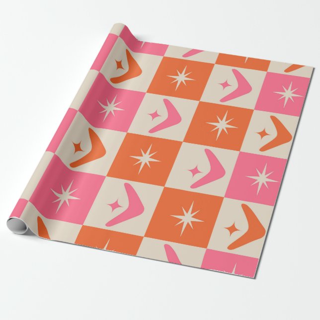 Papel De Regalo Checkered Mid Century Boomerangs pink and orange  (Desenrollado)