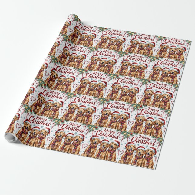 Papel De Regalo Cheerful Golden Retriever Dogs Merry Christmas (Desenrollado)