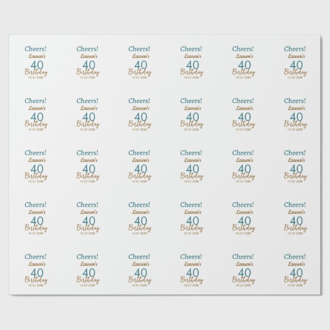 Papel De Regalo Cheers 40th birthday name date brown turquoise sim (Superficie plana)