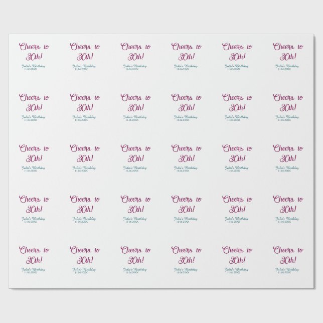 Papel De Regalo Cheers to 30th birthday name date mauve blue elega (Superficie plana)
