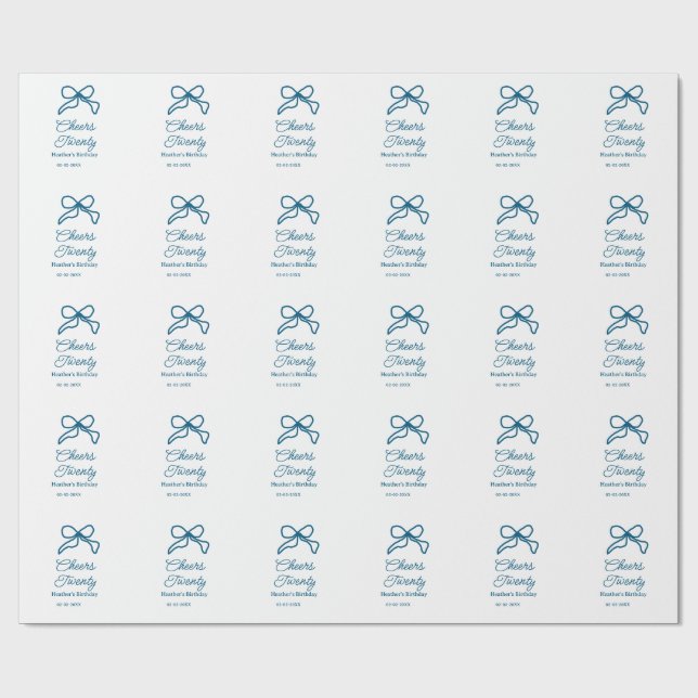 Papel De Regalo Cheers twenty blue birthday bow name date boho ret (Superficie plana)
