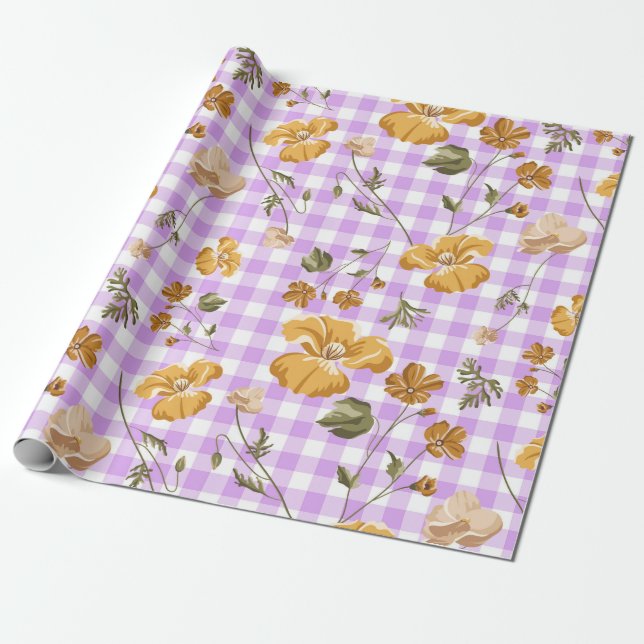 Papel De Regalo Cheques morados de búfalo blanco y flores amarilla (Desenrollado)