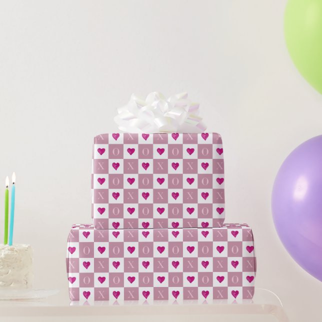 Papel De Regalo Cheques XO de corazones rosados retro modernos de  (Regalos de fiesta)