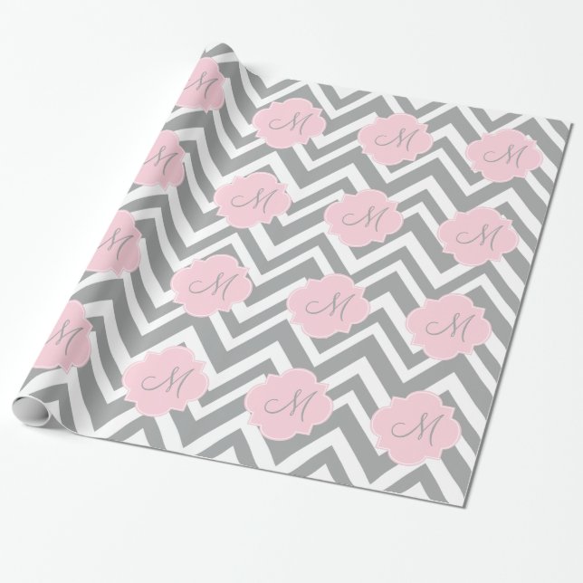 Papel De Regalo Chevron blanco y gris monogramo con rosa pastel (Desenrollado)