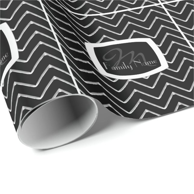 Papel De Regalo Chevron Metálico/Plata personalizable (Monograma) (Esquina del rollo)