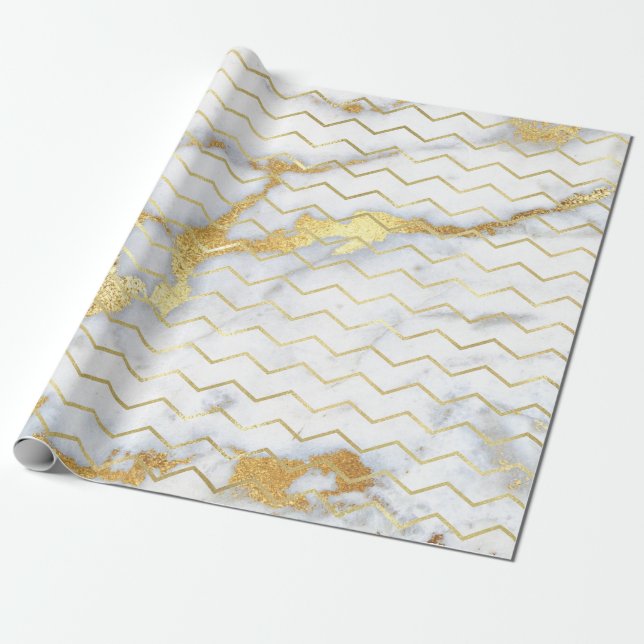 Papel De Regalo Chevron Stripes Gold Líneas de mármol gris metálic (Desenrollado)