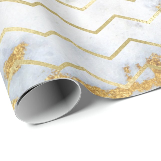 Papel De Regalo Chevron Stripes Gold Mármol gris metálico blanco (Esquina del rollo)