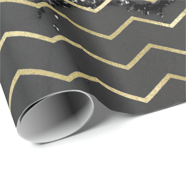 Papel De Regalo Chevron Stripes Gold Purpurina Mármol gris negro (Esquina del rollo)