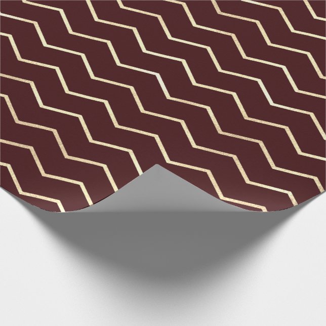 Papel De Regalo Chevron Stripes Lines Gold Metallic Burgundy Maroo (Esquina)