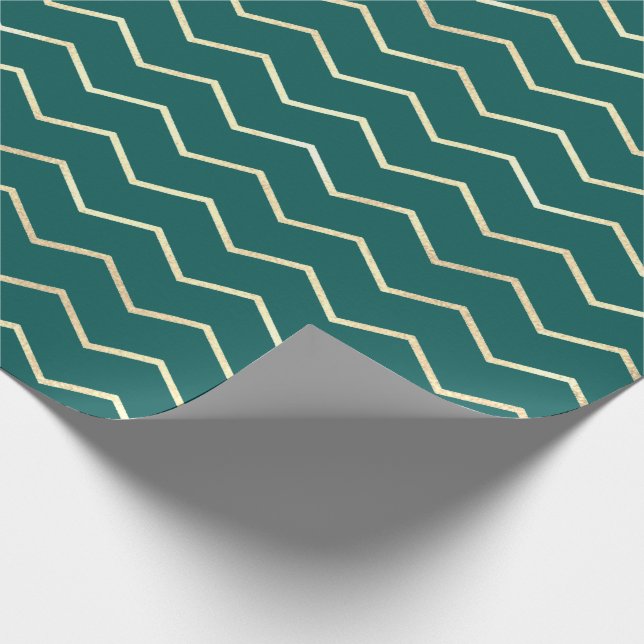 Papel De Regalo Chevron Stripes Lines Gold Metallic Verde azulada  (Esquina)