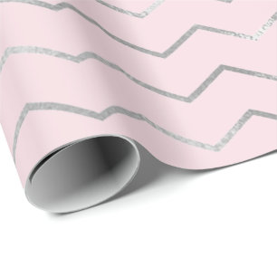 Papel De Regalo Chevron Stripes Lines Plata Rosa Metálico Elegante