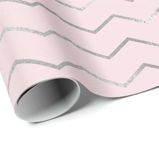 Papel De Regalo Chevron Stripes Lines Plata Rosa Metálico Elegante (Esquina del rollo)