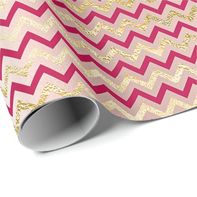Papel De Regalo Chevron Zig Zag Oro Candy brillante metálico rosa (Esquina del rollo)