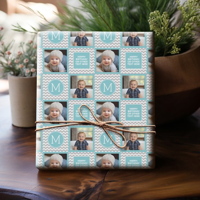 Papel De Regalo Chevrons Gris y Aqua Blue - Foto y Monograma (Personalized Photo Wrapping Paper)